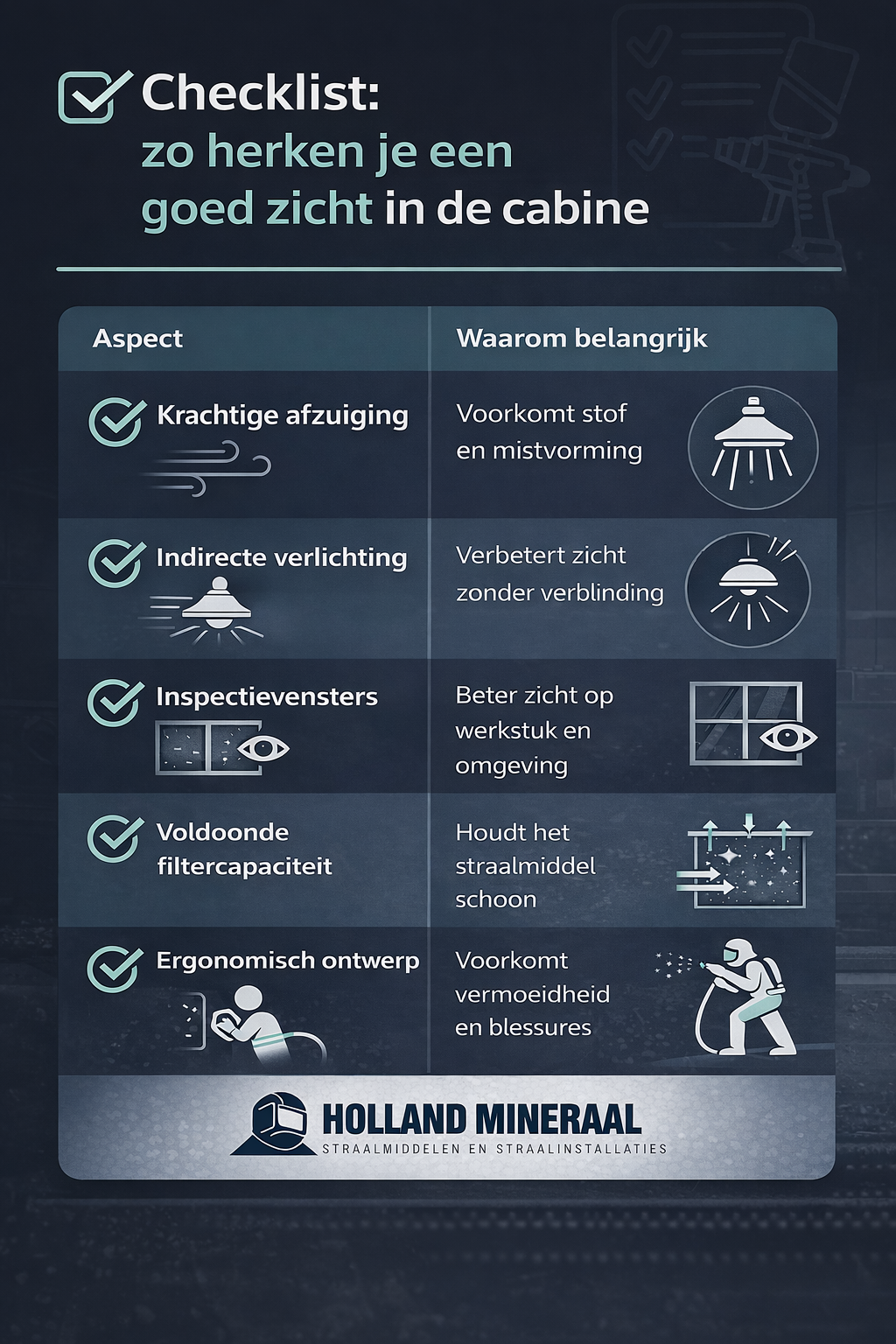 Infographic met checklist voor goed zicht in een straalkabine, met aandacht voor afzuiging, verlichting, inspectievensters, filtercapaciteit en ergonomisch ontwerp.
